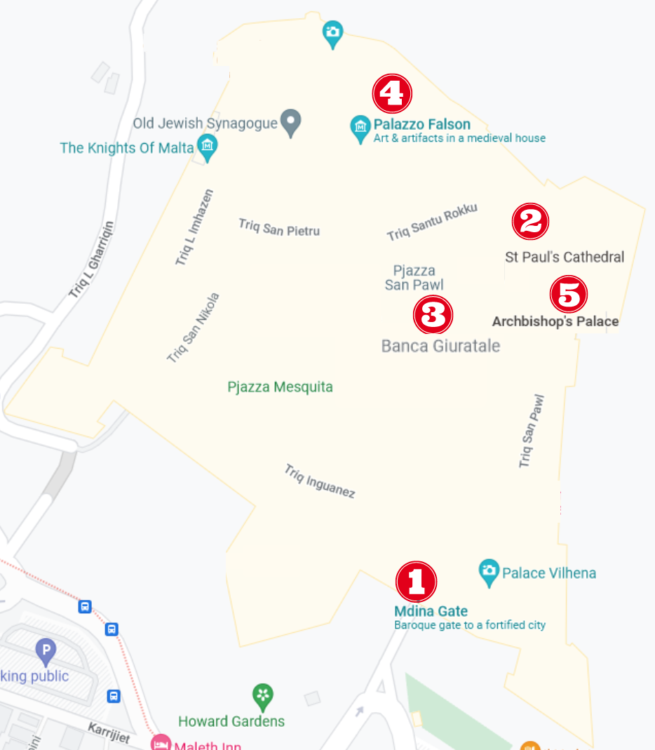On this map you can see the 5 places to visit in Mdina. You can find most of them in the northeast of Mdina.