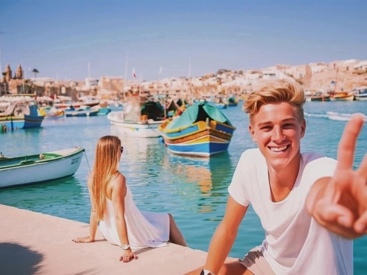 Girl sitting by the harbour in Malta, overlooking colourful traditional boats in the clear blue water.
