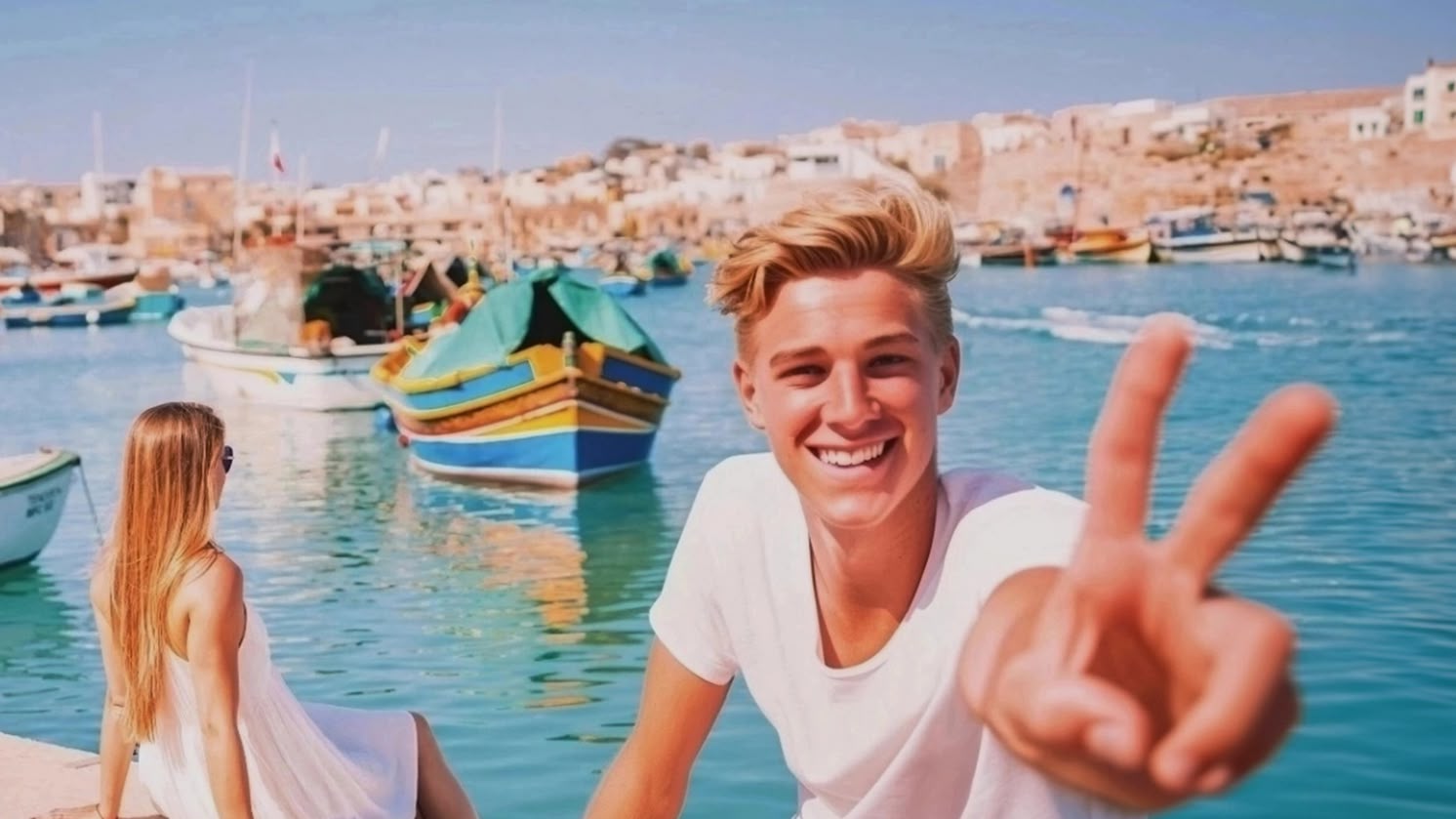 Girl sitting by the harbour in Malta, overlooking colourful traditional boats in the clear blue water.