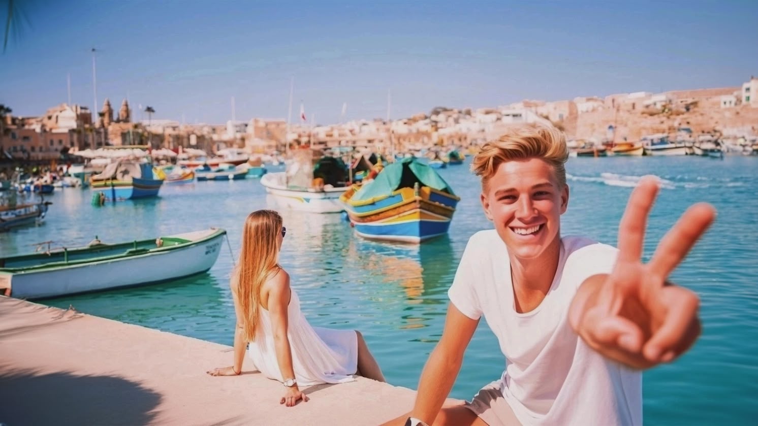 Girl sitting by the harbour in Malta, overlooking colourful traditional boats in the clear blue water.