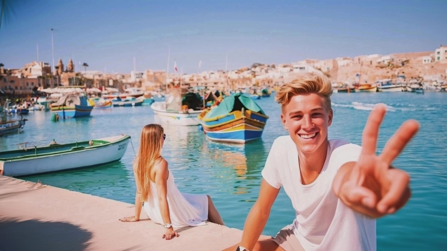 Girl sitting by the harbour in Malta, overlooking colourful traditional boats in the clear blue water.