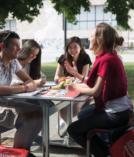 Sprachcaffe-Schüler lernen gemeinsam an einem Tisch im Freien in einem sonnigen Park.
