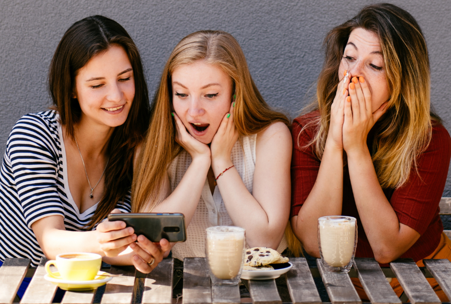 Eine Gruppe von Frauen schauen sich mit erstaunten und frohen Ausdrücken die erklärung zum Thema Simple Past oder Present Perfect an. Sie sitzen mit Milchkaffe an einem Tisch. Der Hintergrund ist eine graue Wand. 