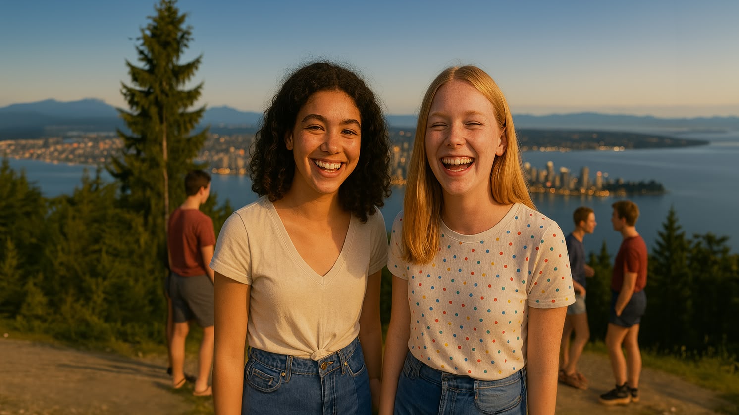 Zwei lächelnde Mädchen posieren an einem malerischen Aussichtspunkt in Vancouver, Kanada, mit Bergen und Wasser im Hintergrund.