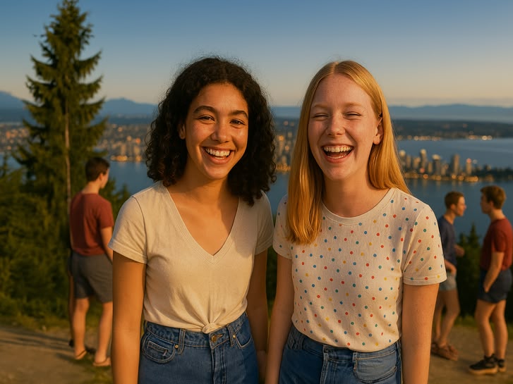 Two smiling girls posing at a scenic viewpoint in Vancouver, Canada, with mountains and water in the background.