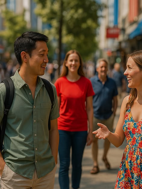 Two young adults talking while walking along a busy shopping street in Vancouver, Canada.