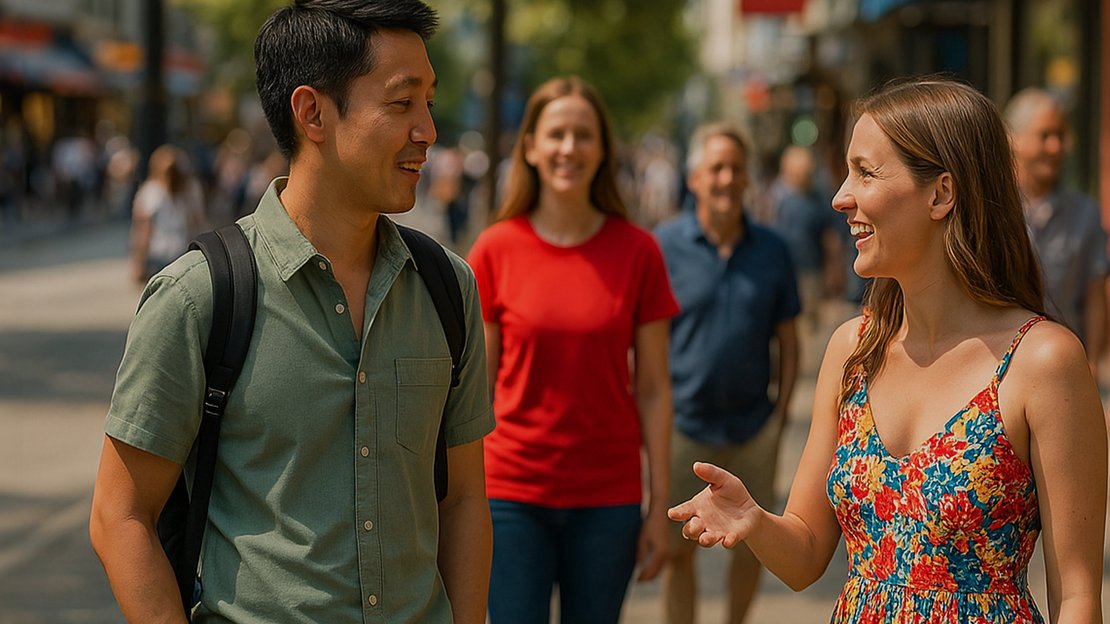Zwei junge Erwachsene unterhalten sich, während sie eine belebte Einkaufsstraße in Vancouver, Kanada, entlanggehen.