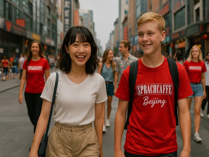 Two students in red Sprachcaffe shirts walking together on a lively street in Beijing, China 