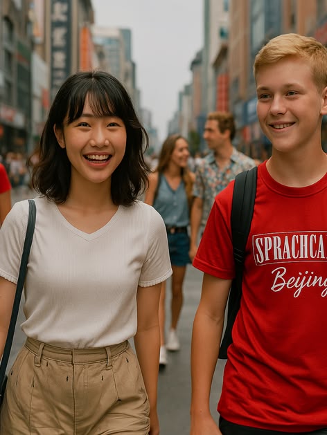 Two students in red Sprachcaffe shirts walking together on a lively street in Beijing, China 