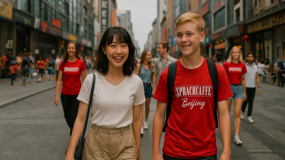 Sprachcaffe-Schüler/innen gehen durch eine belebte Straße in Peking, China, mit Einheimischen und Geschäften im Hintergrund.