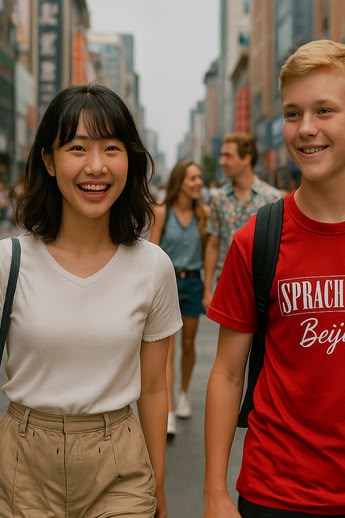 Sprachcaffe-Schüler/innen gehen durch eine belebte Straße in Peking, China, mit Einheimischen und Geschäften im Hintergrund.