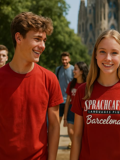 Two teenagers in red Sprachcaffe shirts smiling in a park in Barcelona, with La Sagrada Família in the background.