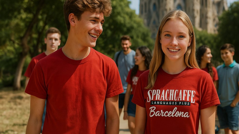 Zwei Teenager in roten Sprachcaffe-Shirts lächeln in einem Park in Barcelona, mit der Sagrada Família im Hintergrund.