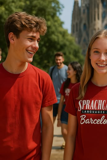 Two teenagers in red Sprachcaffe shirts smiling in a park in Barcelona, with La Sagrada Família in the background.