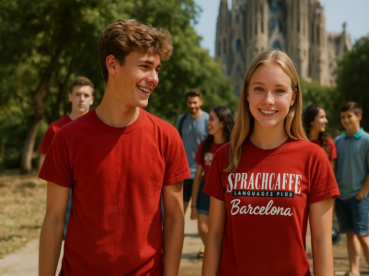 Two teenagers in red Sprachcaffe shirts smiling in a park in Barcelona, with La Sagrada Família in the background.