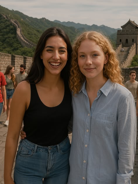 Two Sprachcaffe students smiling on the Great Wall of China with scenic mountains in the background.