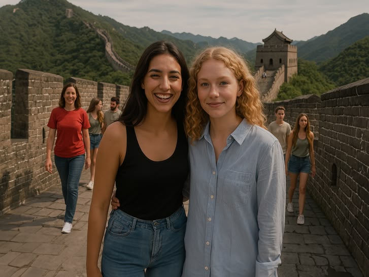 Two young women smiling on the Great Wall of China near Beijing, with others walking in the background.