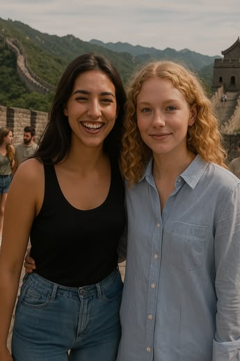 Zwei Sprachcaffe-Schüler lächeln auf der Chinesischen Mauer mit malerischen Bergen im Hintergrund.