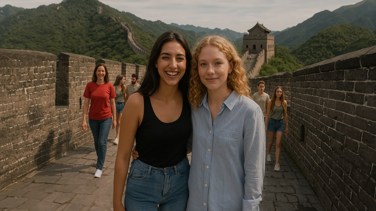 Zwei junge Frauen lächeln auf der Chinesischen Mauer in der Nähe von Peking, während andere im Hintergrund laufen.