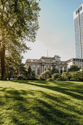Sonniger Park in Frankfurt, Deutschland, mit modernen Wolkenkratzern und grünen Freiflächen im Vordergrund.
