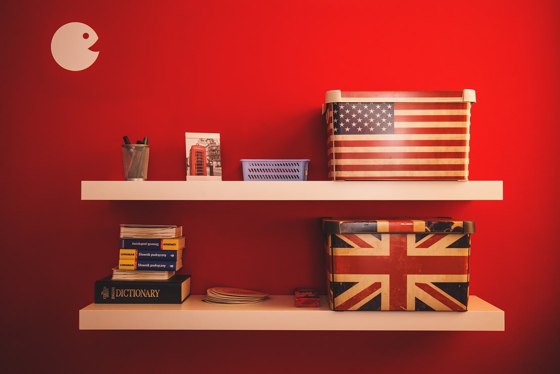 Englisdhe Redewendungen entdecken und anwenden Finde hier 40 Redewendungen in Englisch. Auf dem Bild siehst du ein Regal mit zwei Brettern. Auf jedem Brett wird Großbritianien und die USA präsentiert.